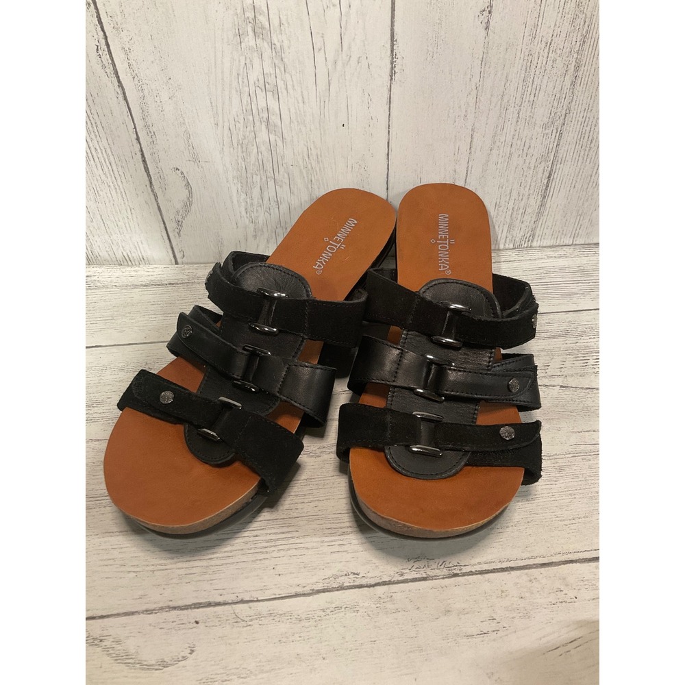 MINNETONKA WEDGE LEATHER ADJUSTABLE STRAP SANDALS SZ11 NWOB